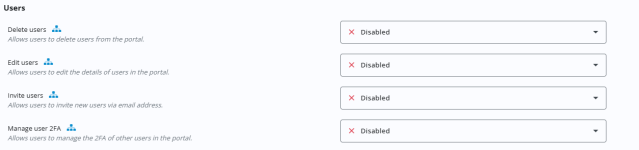 Users permissions. It lists four permissions: Delete users, Edit users, Invite users and Manage user 2FA. Each permission includes a short description and an account-level icon. All permissions are currently set to Disabled, shown with red "X" icons and drop-down menus.